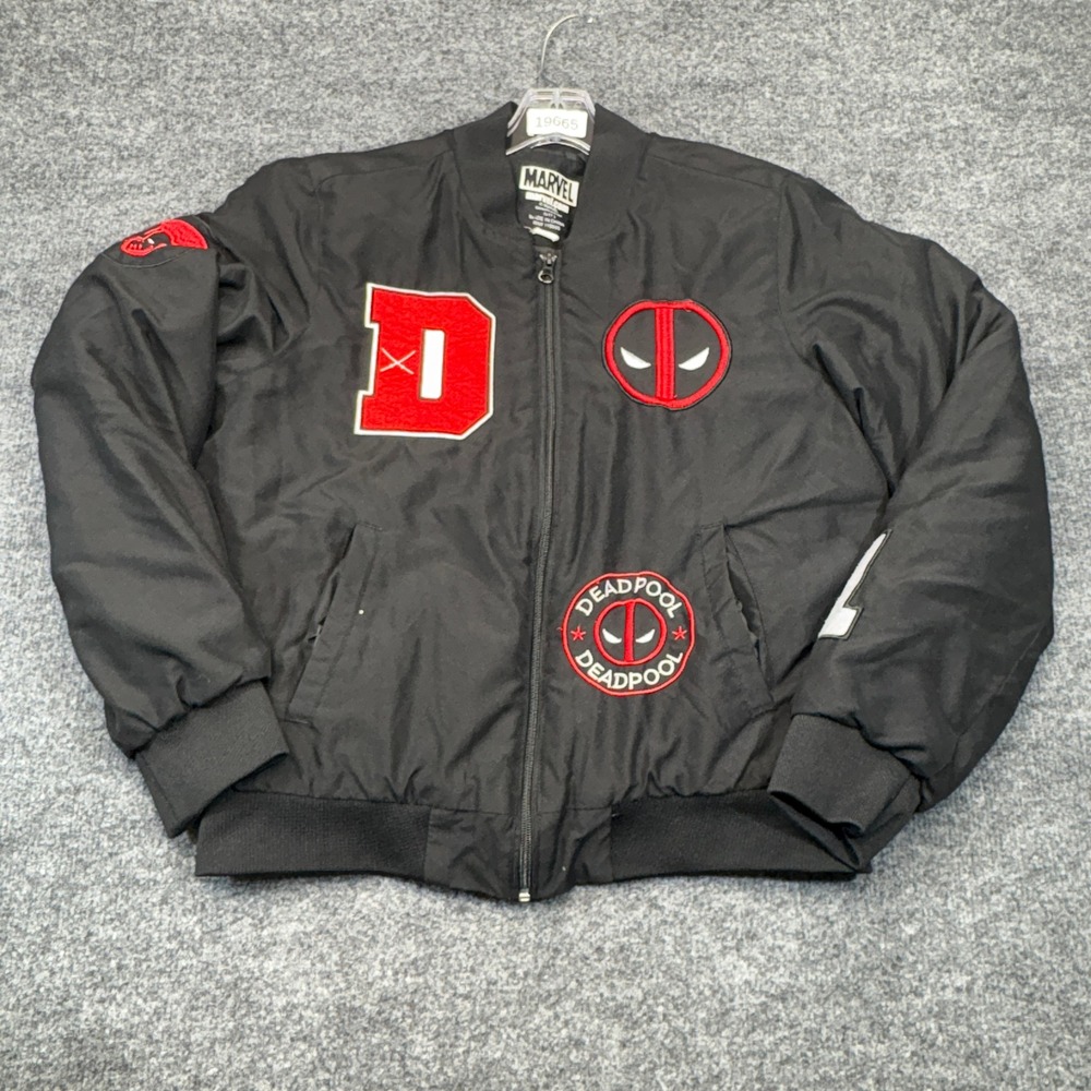 Marvel Deadpool Bomber Jacket Mens Small Black Patch Graphic Varsity Superhero